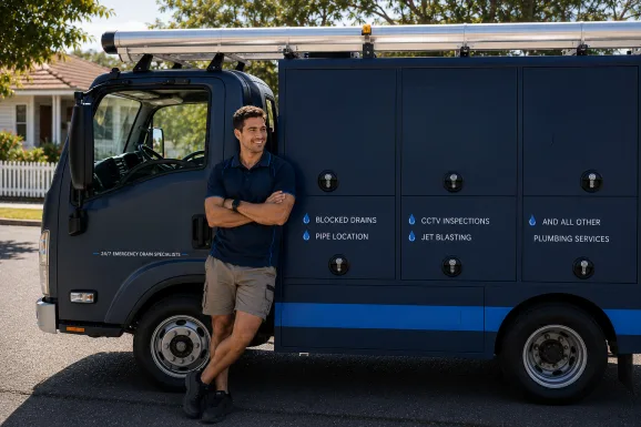 Plumber standing beside a service van in St Ives