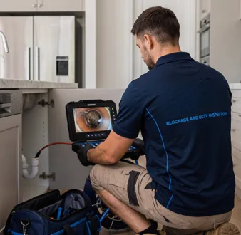 Plumber clearing a blocked toilet in a St Ives bathroom